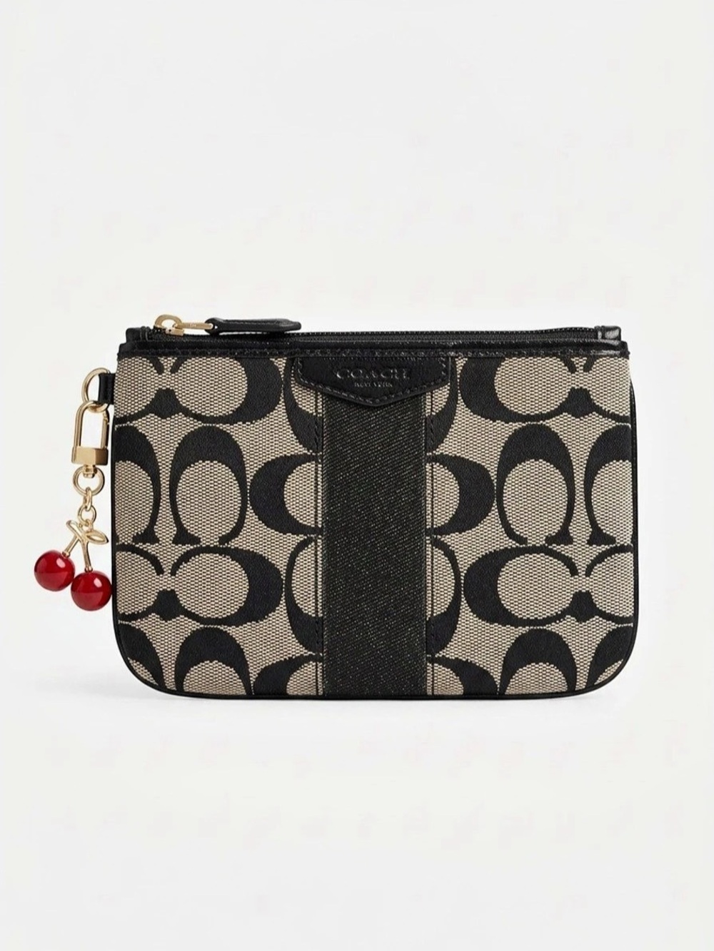 Coach Corner Zip Wristlet In Signature Canvas With Cherry Print, Black & Tan